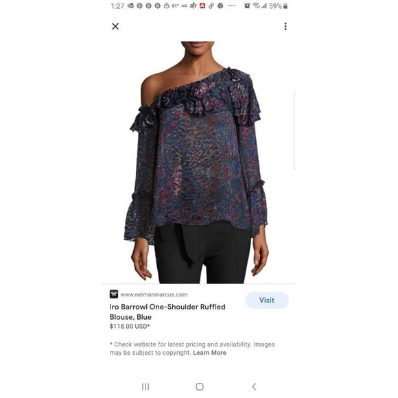 IRO Barrowl One Shoulder Ruffled Blouse, Deep Blue Burn Out Chiffon Size 44 (12) - Picture 1 of 9